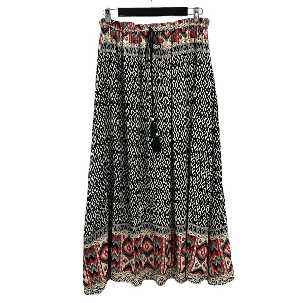 Angie Geometric Print Max Skirt Elastic‎ Waist Beaded Tassels Rayon Black Red